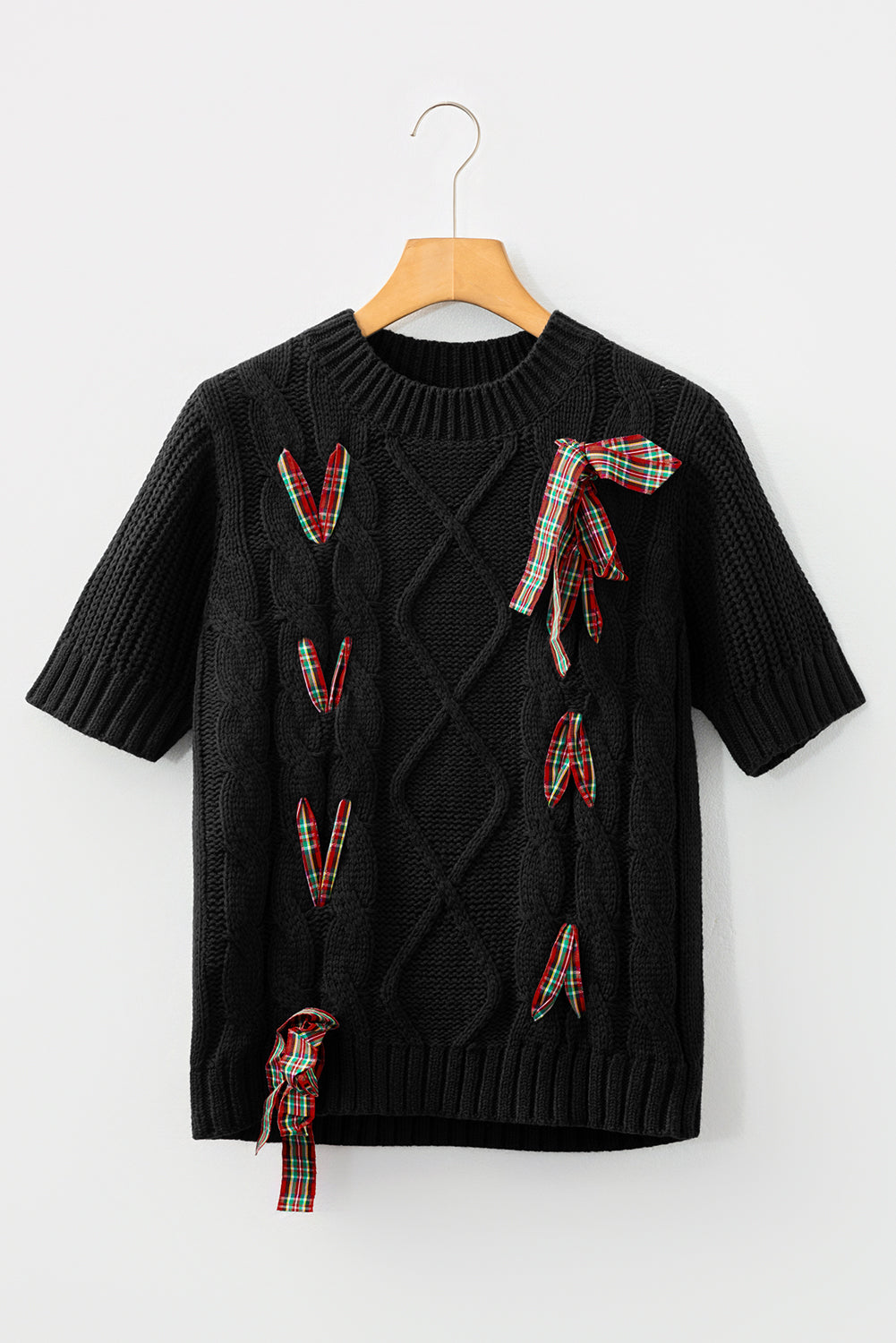 AMVIM - Pull à manches courtes bouffantes à carreaux rouges pour femmes avec détail à lacets