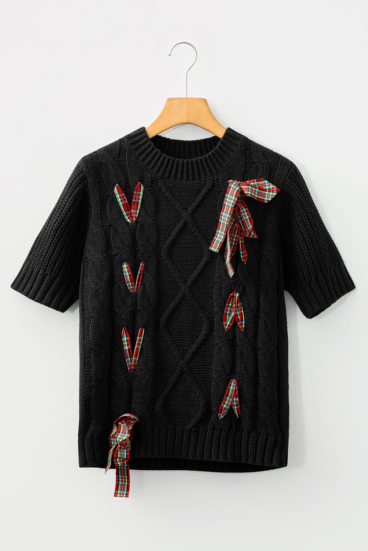 AMVIM - Pull à manches courtes bouffantes à carreaux rouges pour femmes avec détail à lacets