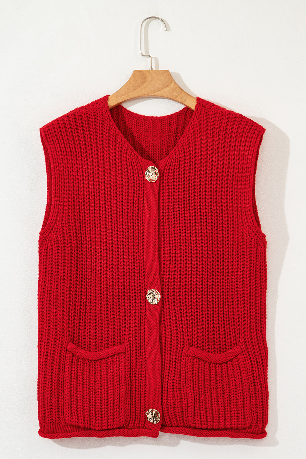 AMVIM - Gilet en Tricot Texturé Rouge pour Femmes avec Boutons et Poches