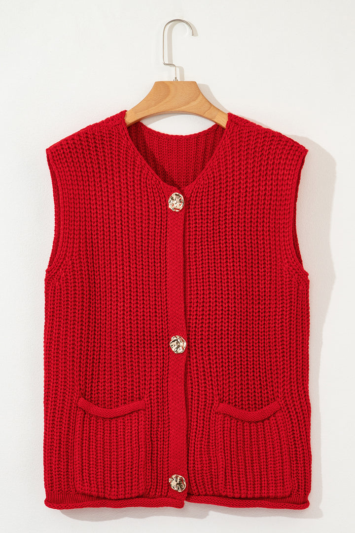AMVIM - Gilet en Tricot Texturé Rouge pour Femmes avec Boutons et Poches