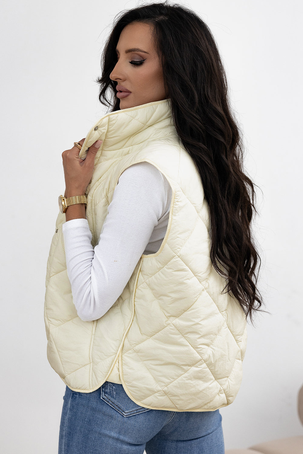 AMVIM - Gilet Matelassé à Col Montant pour Femmes avec Boutons et Poches