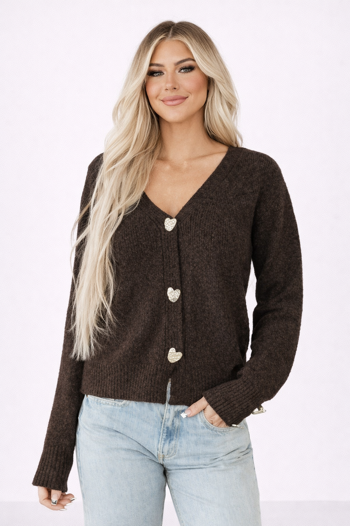 Cardigan à Boutons en V pour Femmes avec Détail en Cœur