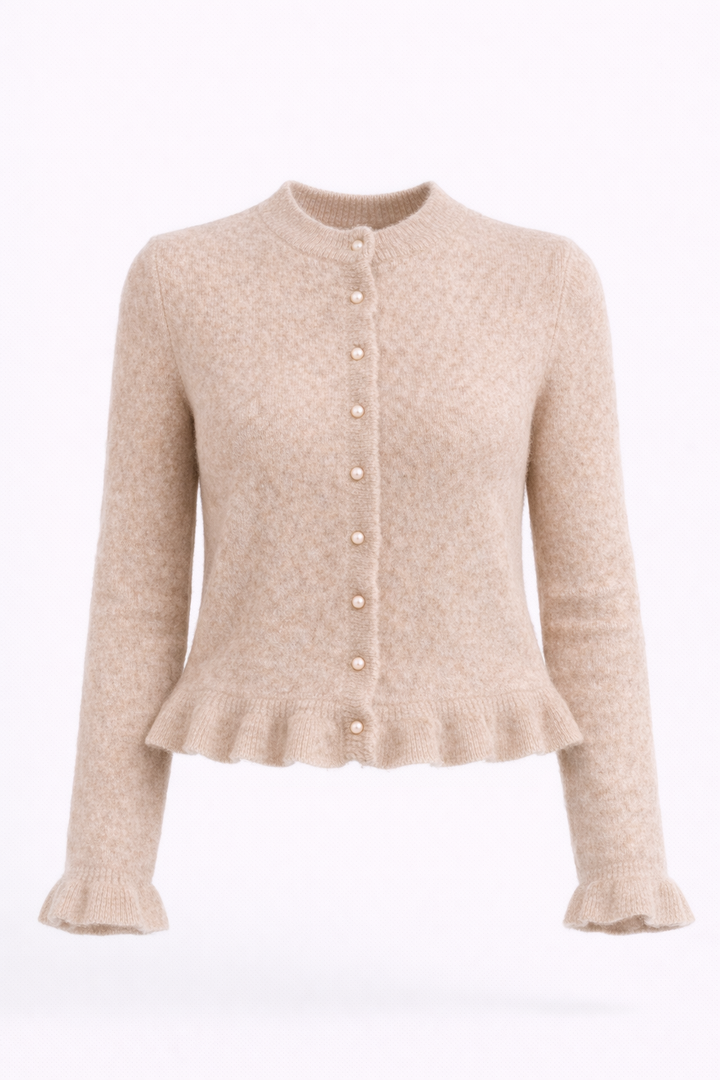 Cardigan en Tricot avec Boutons Dorés et Volants pour Femmes
