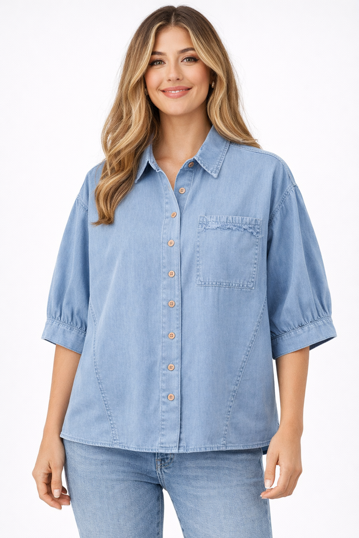 Chemise en Chambray à Manches Bouffantes et Épaules Tombantes pour Femmes