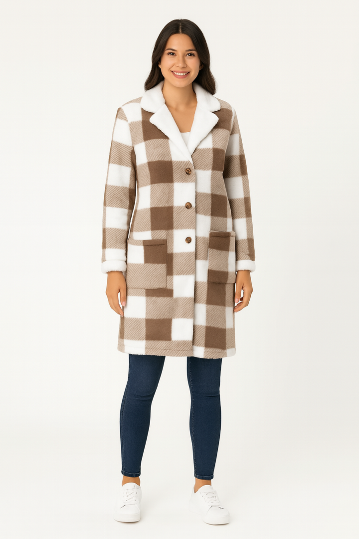 Manteau d'hiver long en polaire à carreaux confortable pour femme