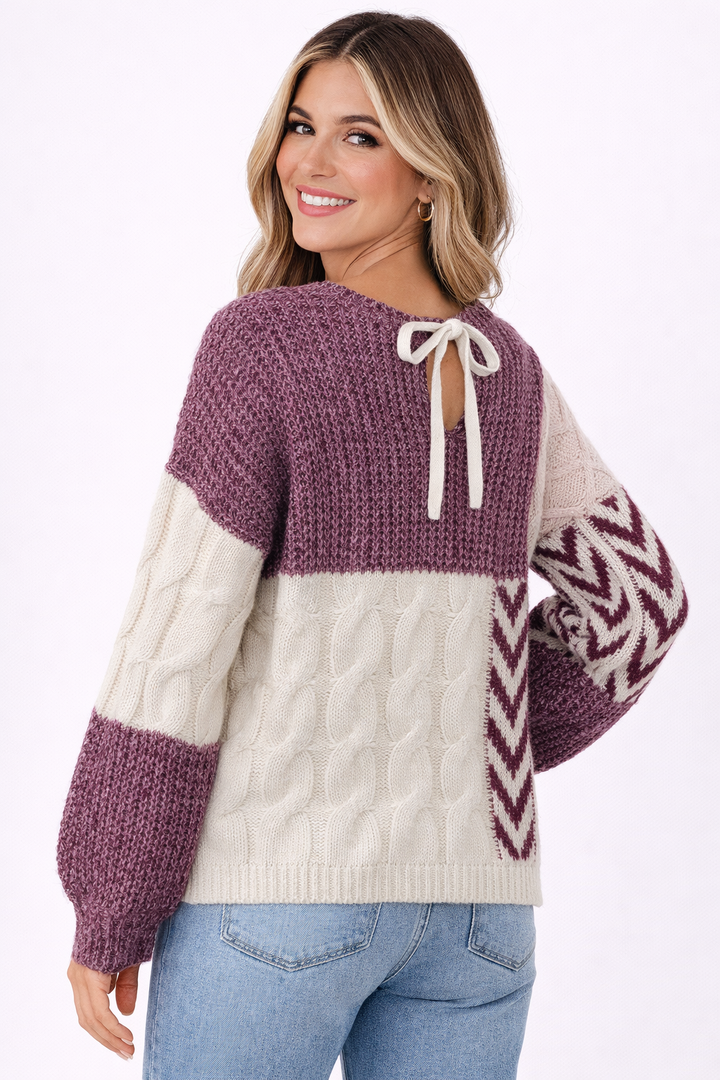 Pull Femme à Bloques de Couleurs Violet avec Dos Noué et Coupe Lâche