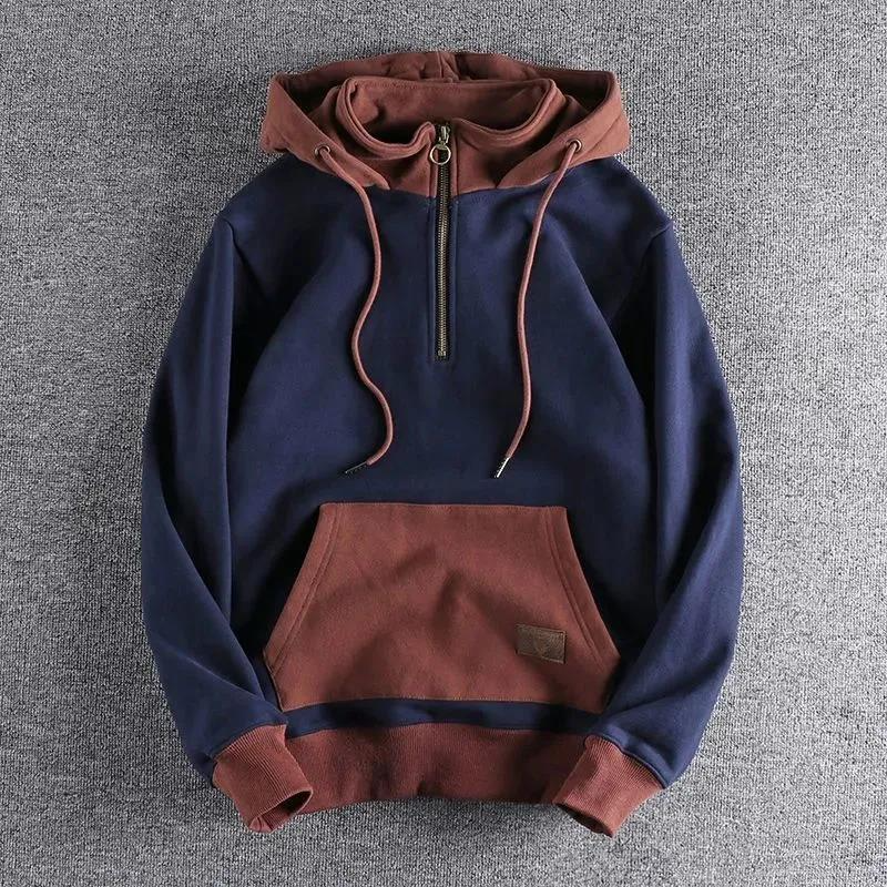 Sweat à capuche épais pour hommes avec col montant et style rétro contrasté pour l'automne et l'hiver