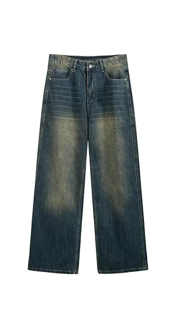 Jeans rétro extensibles unisexes à jambe droite, pantalon en denim délavé confortable à porter tous les jours