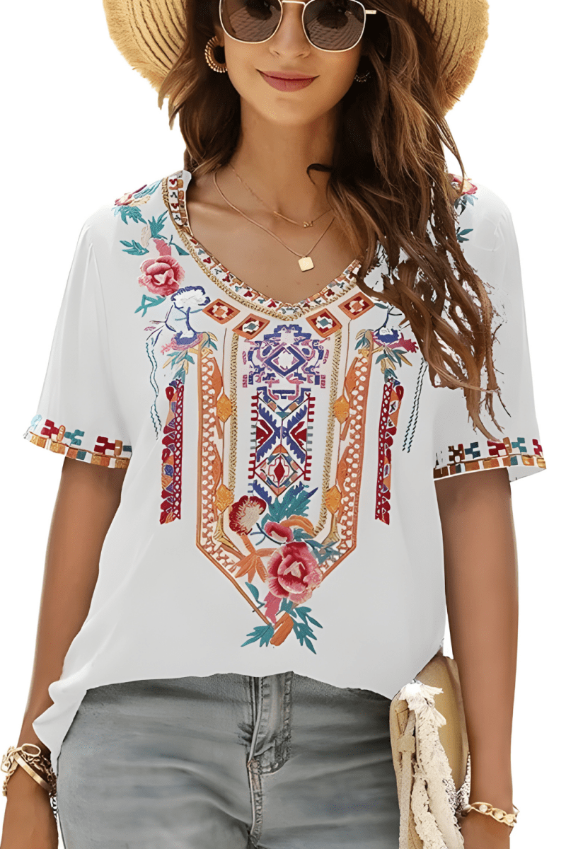 Chemisier Mexicain Brodé Taille M (marqué XL ?) - Rayon, Manches 3/4, Style Boho - Neuf Avec étiquettes