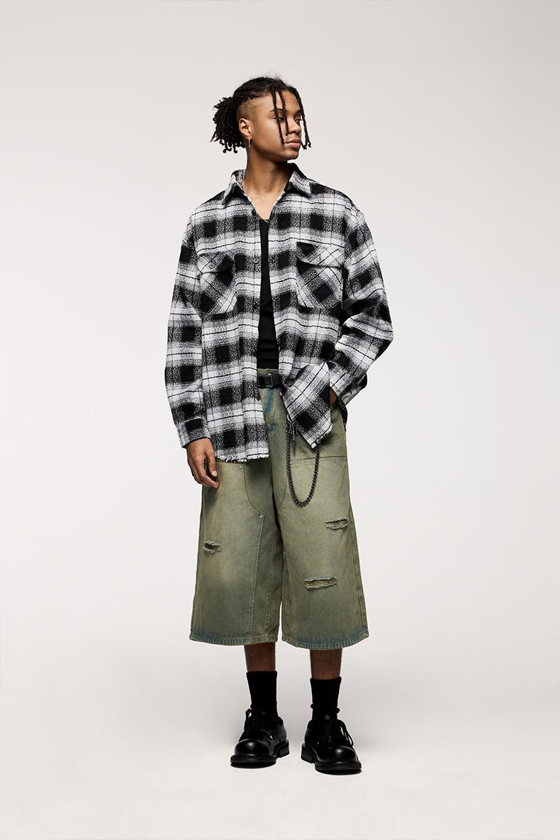 Veste chemise à carreaux classique avec col montant, poche avant