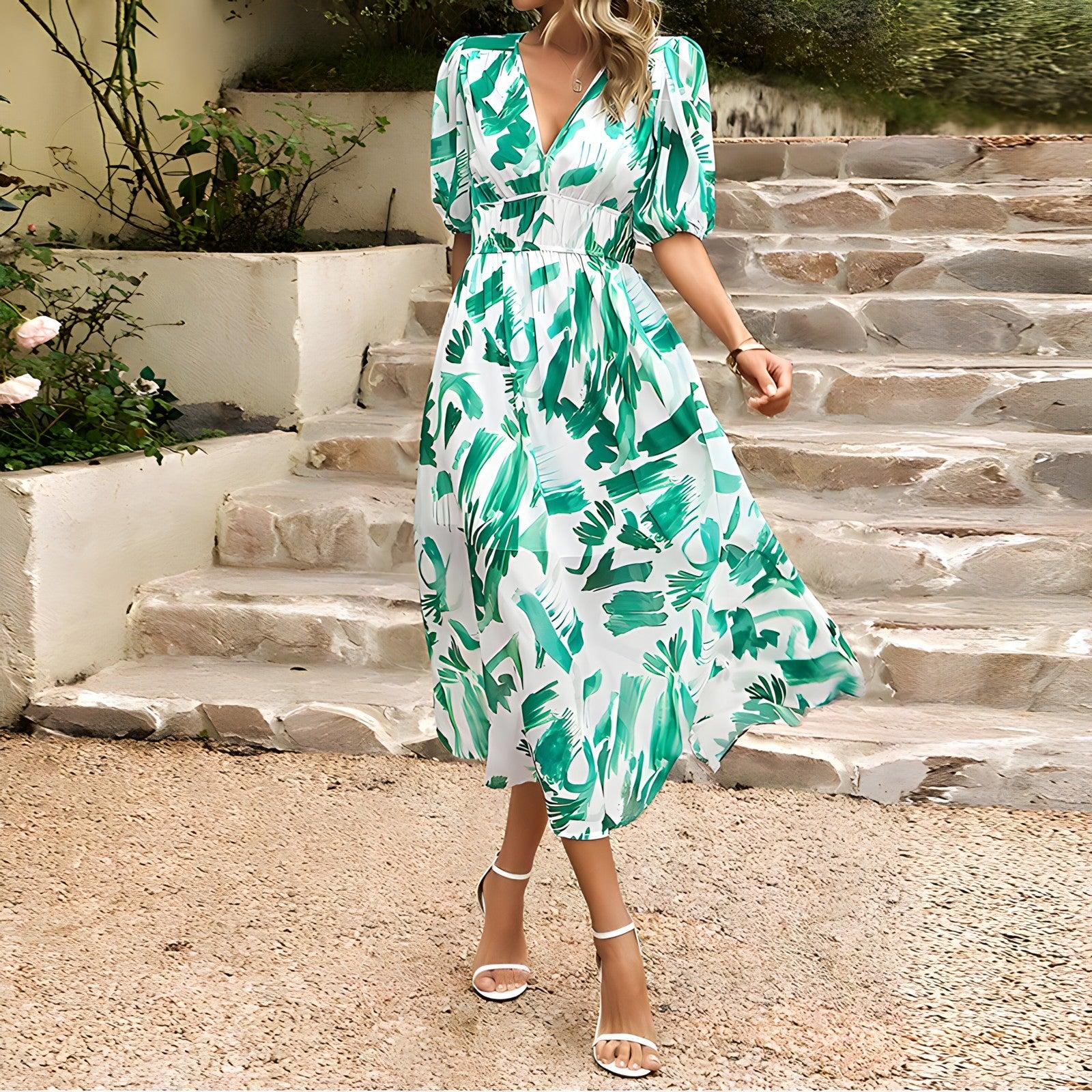 Penelope | Robe midi imprimée à col en V - Camille Boutique