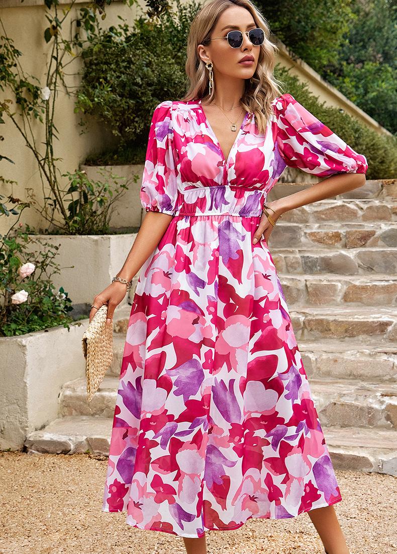 Penelope | Robe midi imprimée à col en V - Camille Boutique