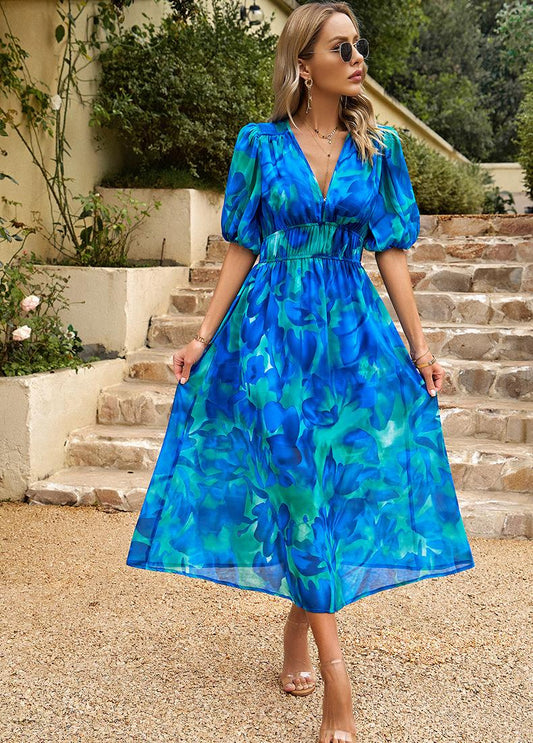 Penelope | Robe midi imprimée à col en V - Camille Boutique